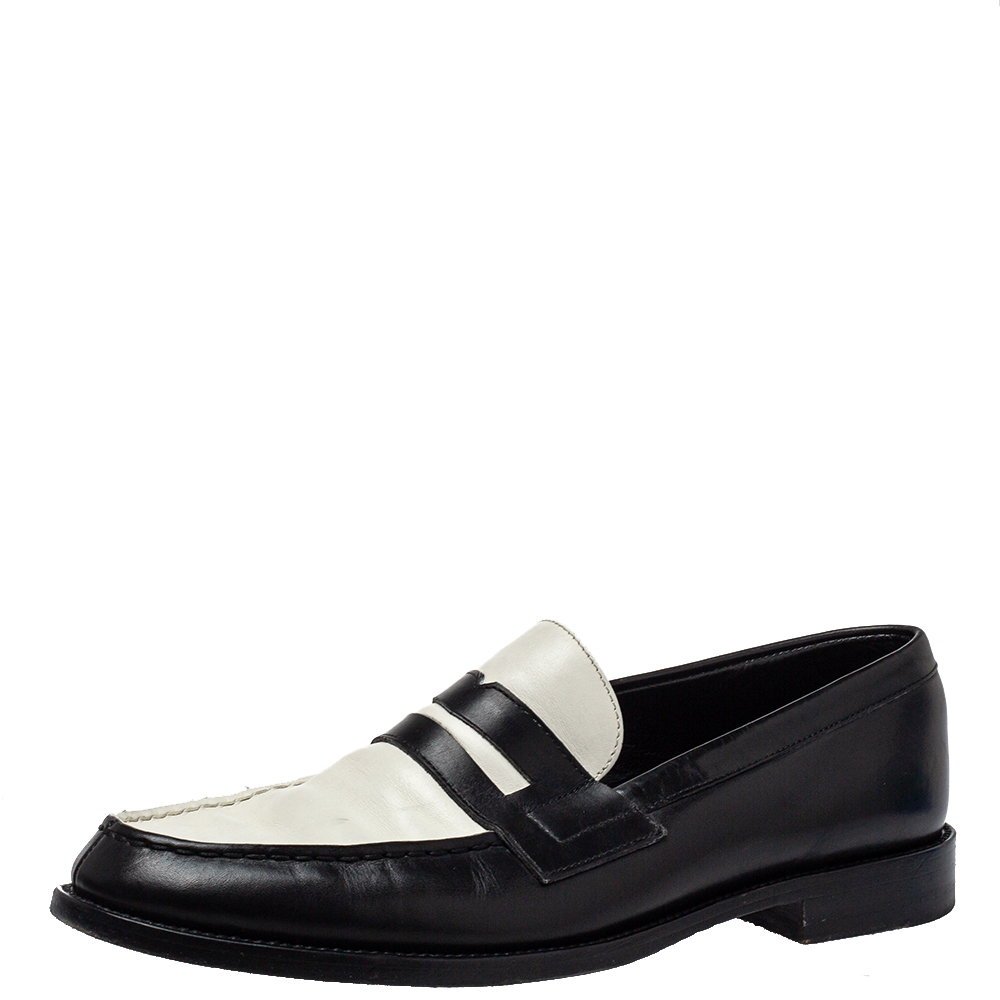 Pre-owned Saint Laurent Monochrome Leather Penny Slip On Loafers Size 42.5 In Black