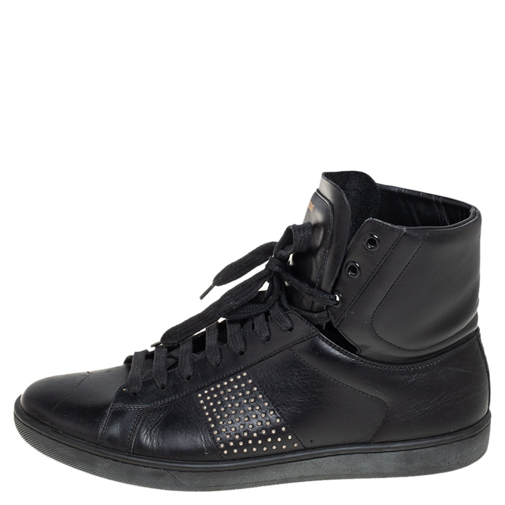 

Saint Laurent Black Leather Court Classic Studded High Top Sneakers Size