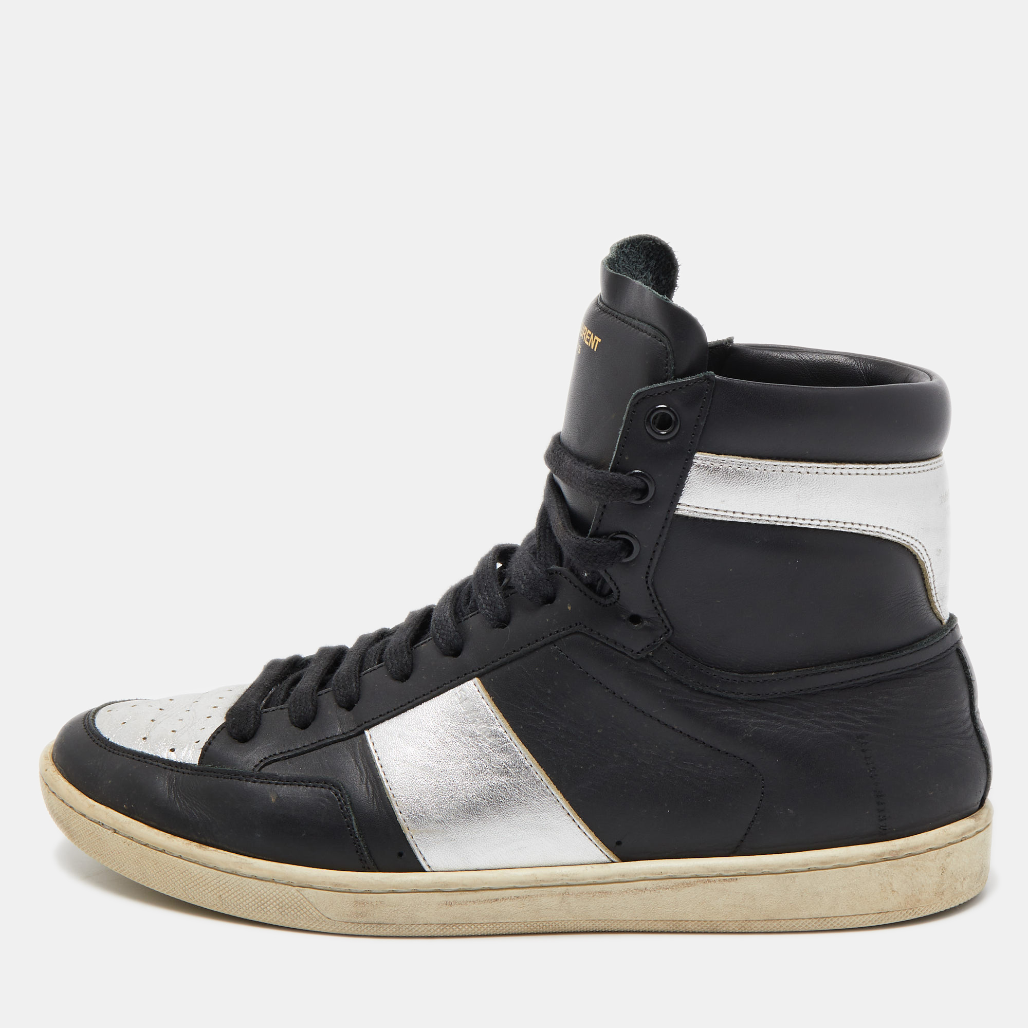 Pre-owned Saint Laurent Black/silver Leather Court Classic Sl/10h High Top Trainers Size 42.5