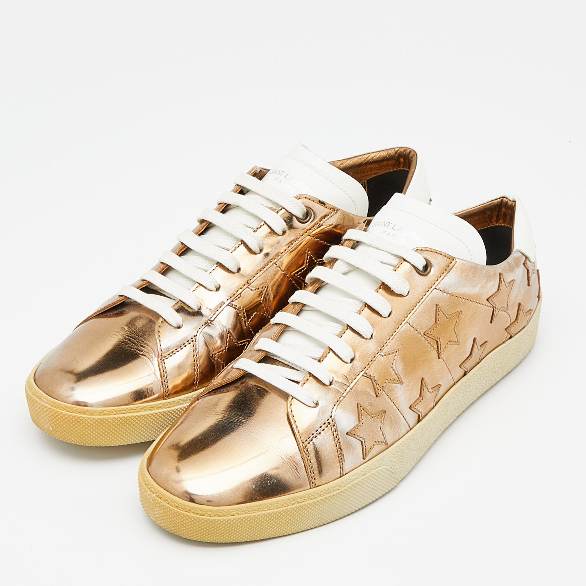 

Saint Laurent Gold/White Leather Low Top Sneakers Size