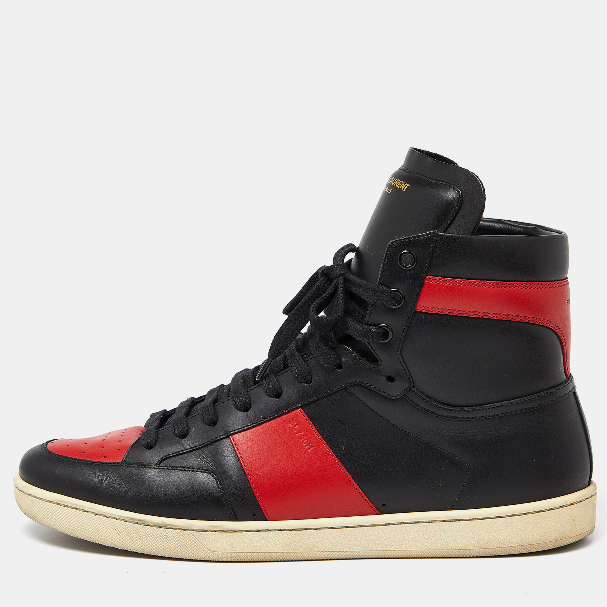 Pre-owned Saint Laurent Black/red Leather Sl-10h High Top Sneakers Size 45