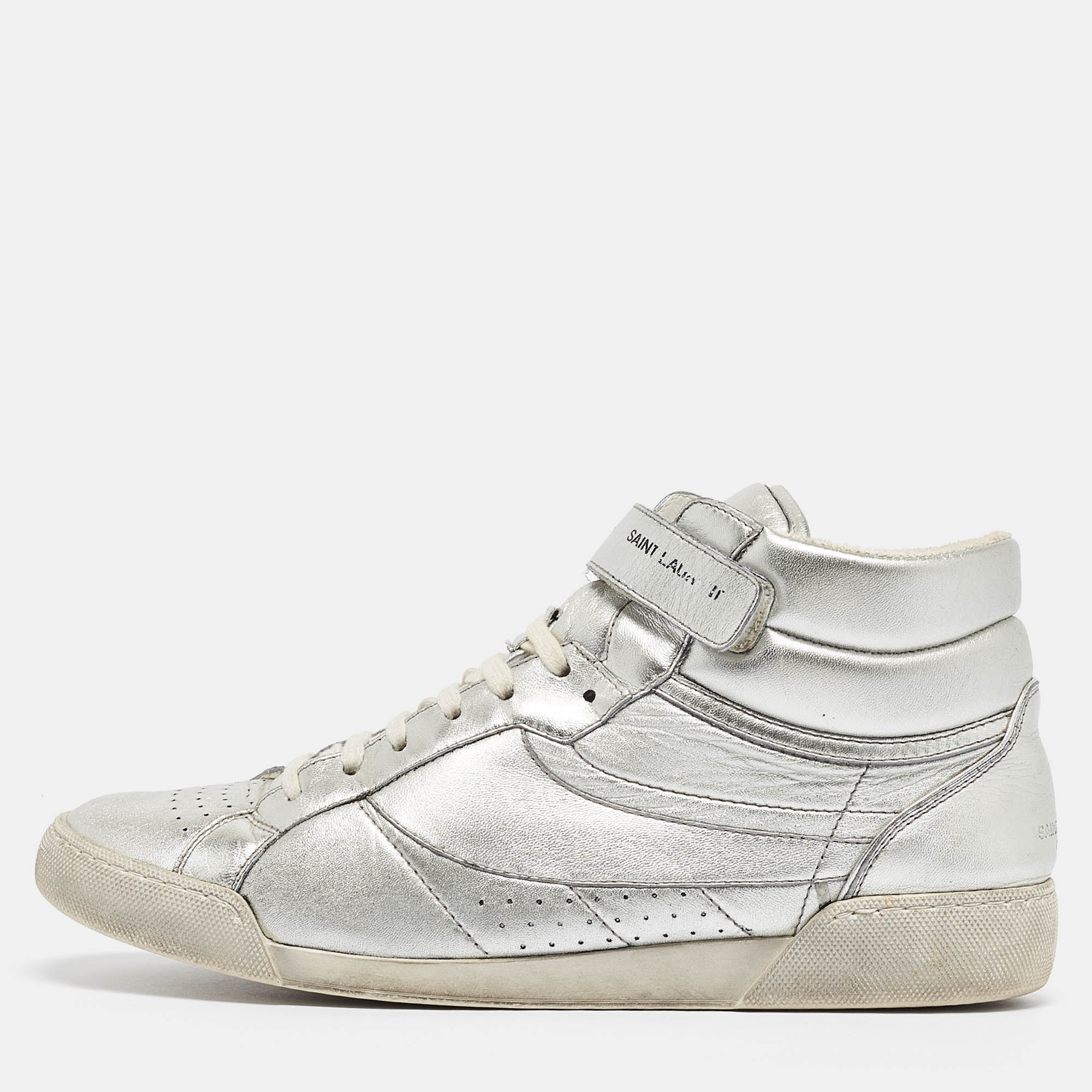 

Saint Laurent Silver Foil Leather Perforated High Top Sneakers Size