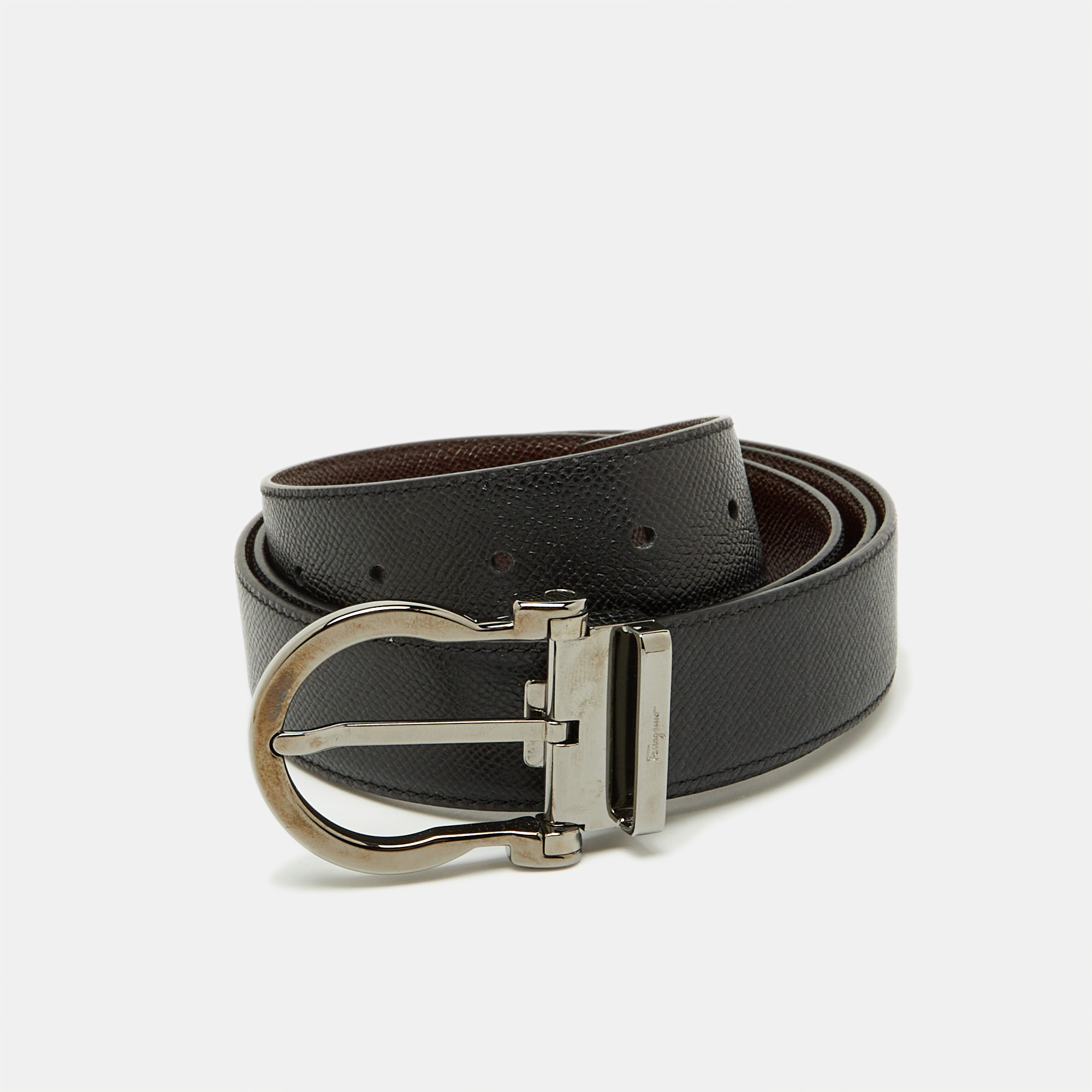 Salvatore Ferragamo Brown/Black Leather Cut to Size Reversible Gancini Buckle Belt 
