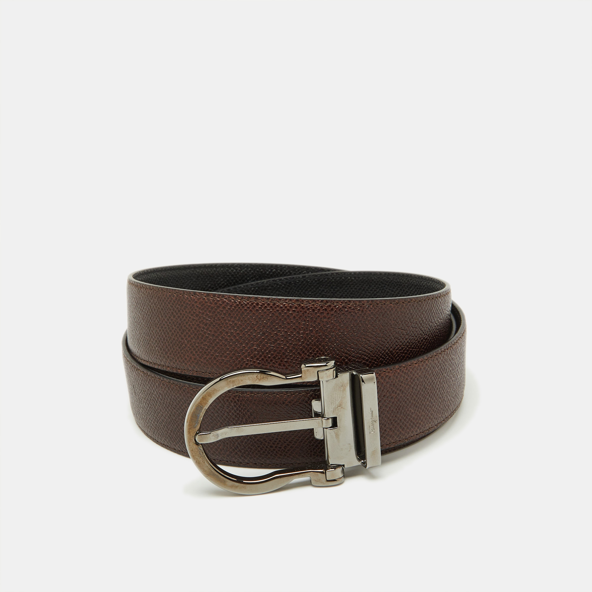 

Salvatore Ferragamo Brown/Black Leather Cut to Size Reversible Gancini Buckle Belt