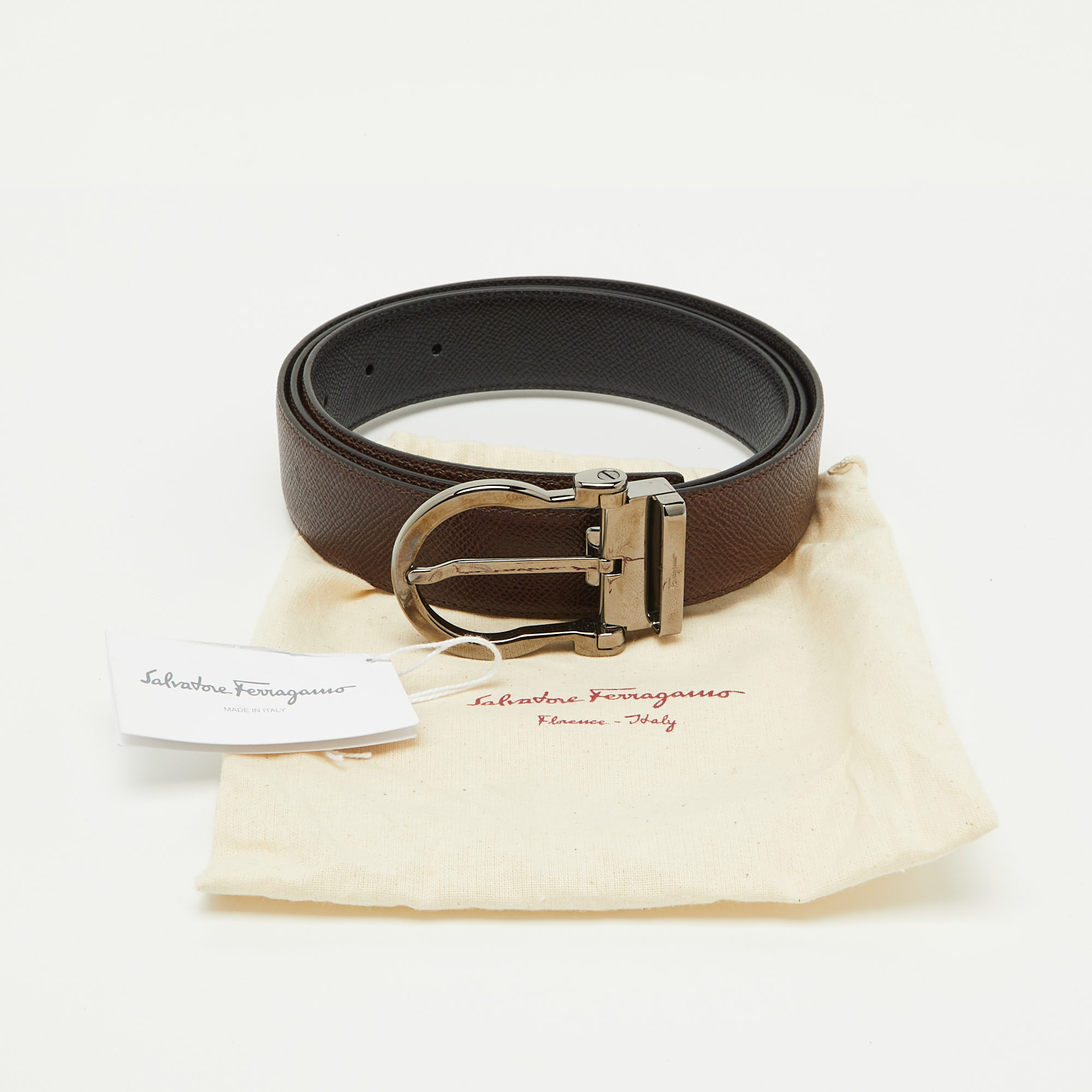 Salvatore Ferragamo Brown/Black Leather Cut to Size Reversible Gancini Buckle Belt 