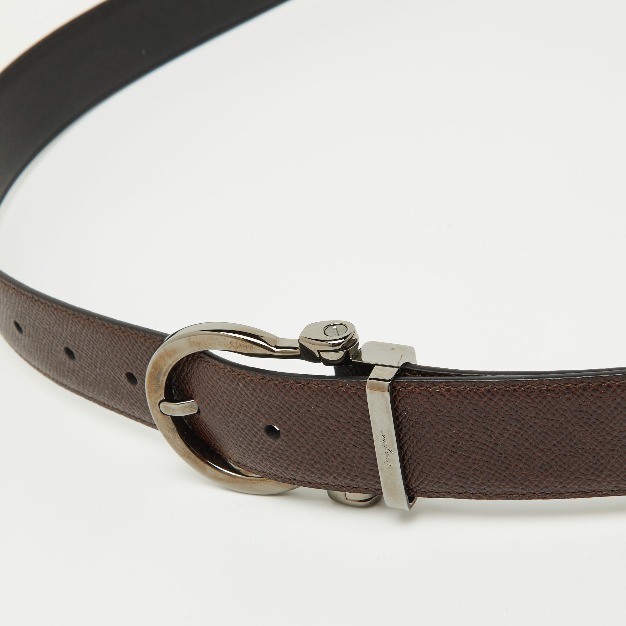 Salvatore Ferragamo Brown/Black Leather Cut to Size Reversible Gancini Buckle Belt 