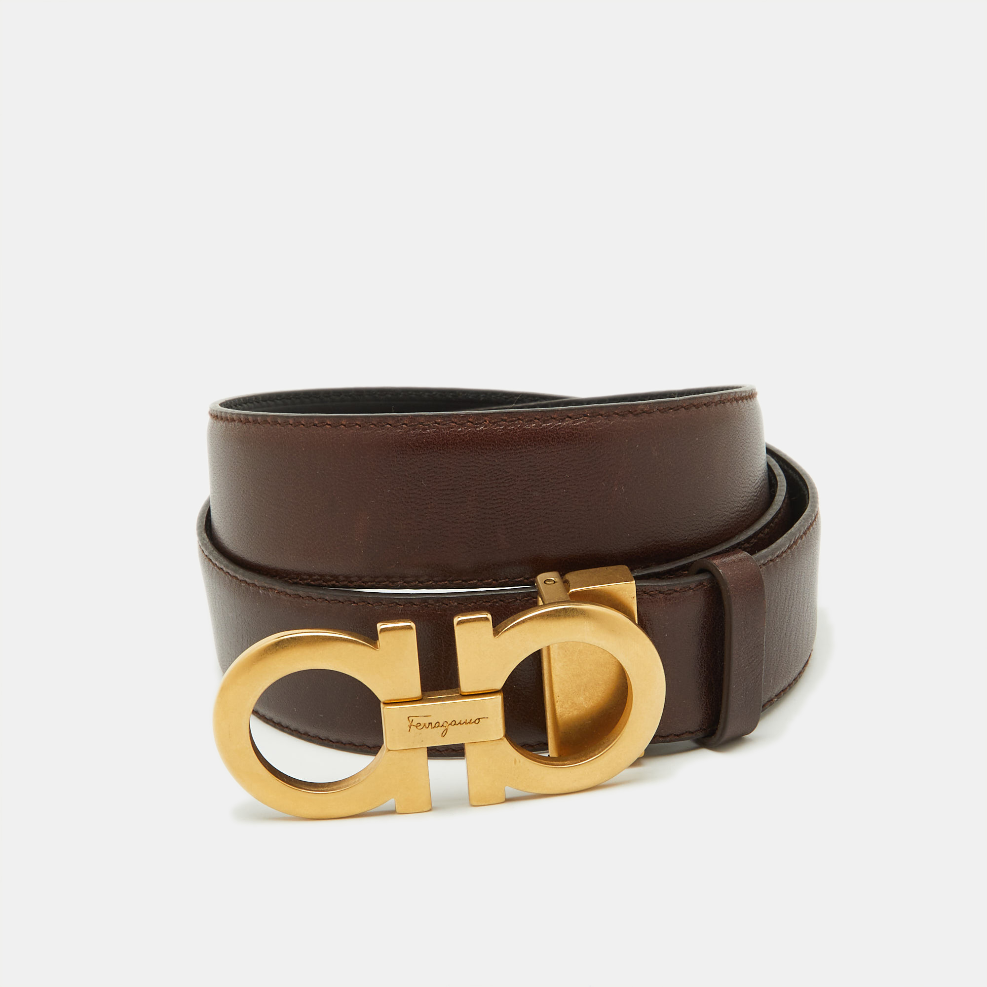 

Salvatore Ferragamo Dark Brown/Black Leather Cut to Size Reversible Gancini Buckle Belt