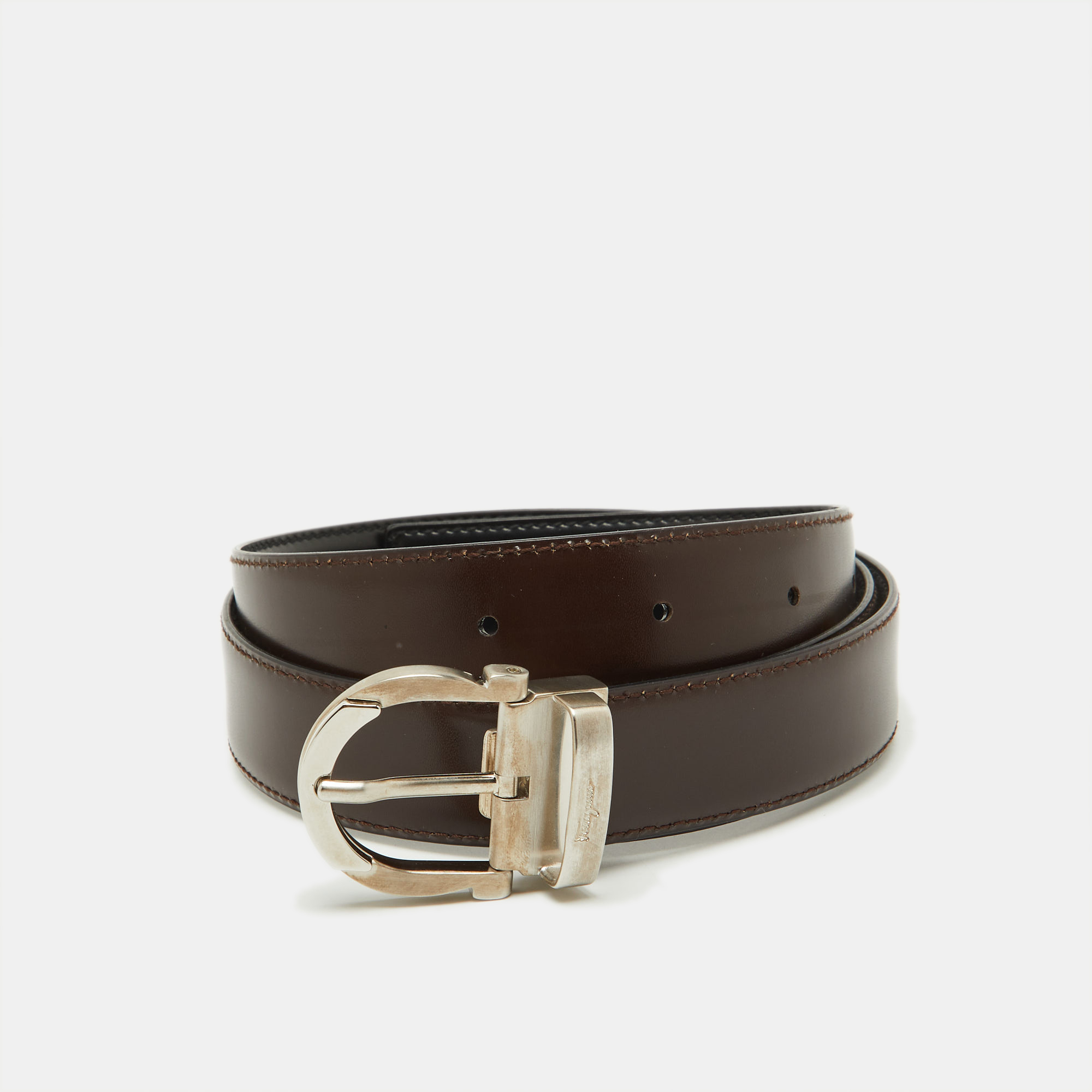 

Salvatore Ferragamo Black/Brown Leather Cut to Size Reversible Gancini Buckle Belt