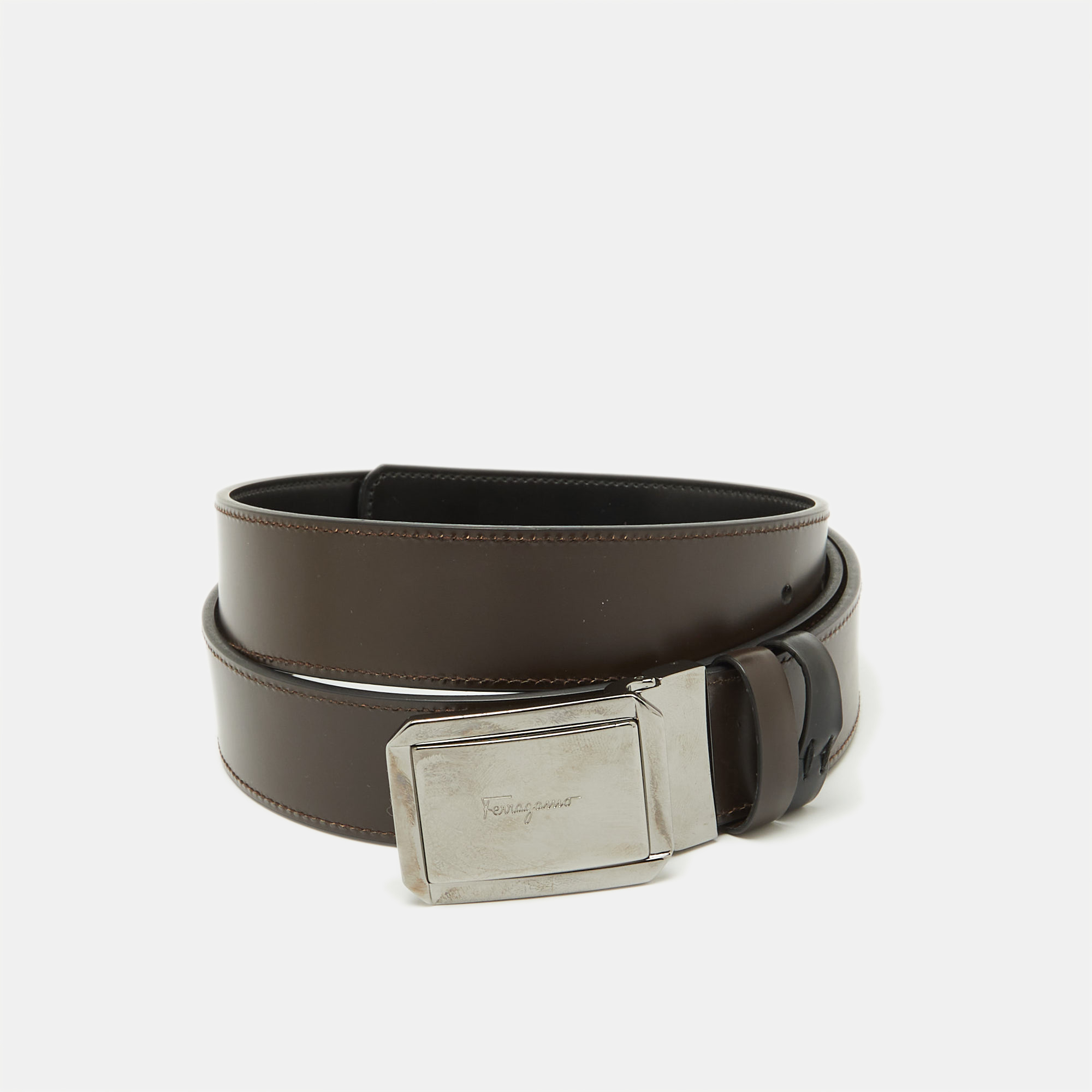Salvatore Ferragamo Black/Brown Leather Cut to Size Buckle Belt 