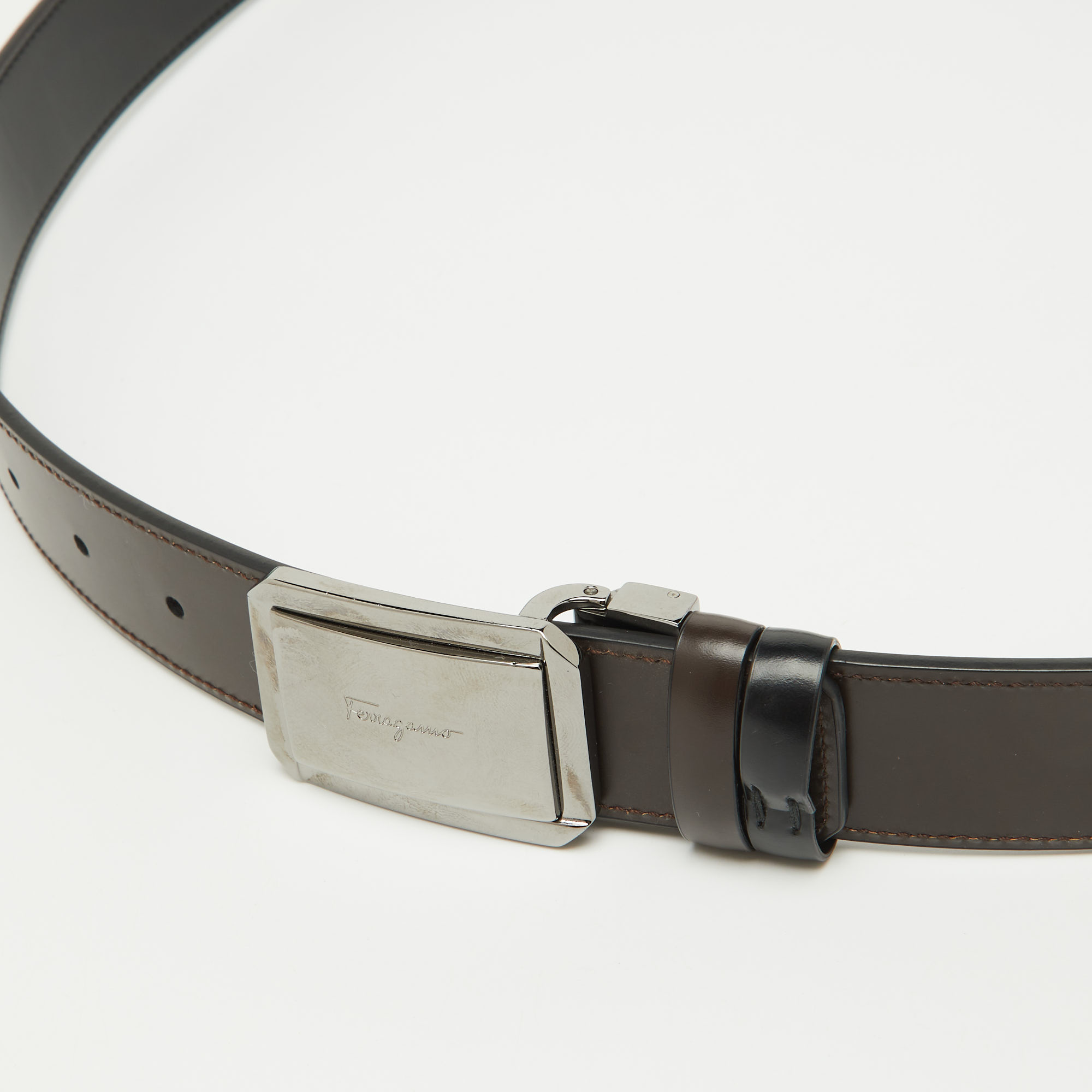 Salvatore Ferragamo Black/Brown Leather Cut to Size Buckle Belt 