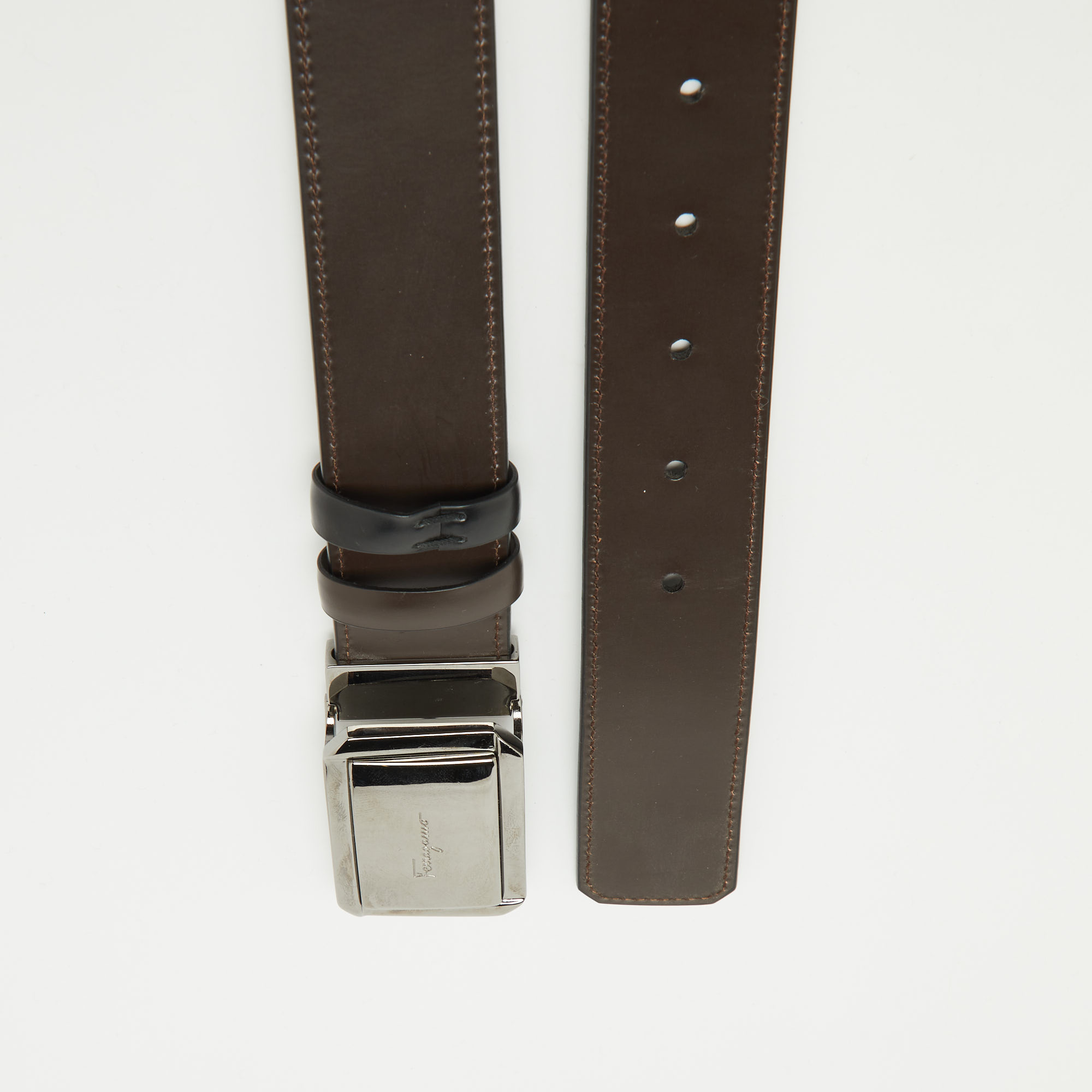 Salvatore Ferragamo Black/Brown Leather Cut to Size Buckle Belt 