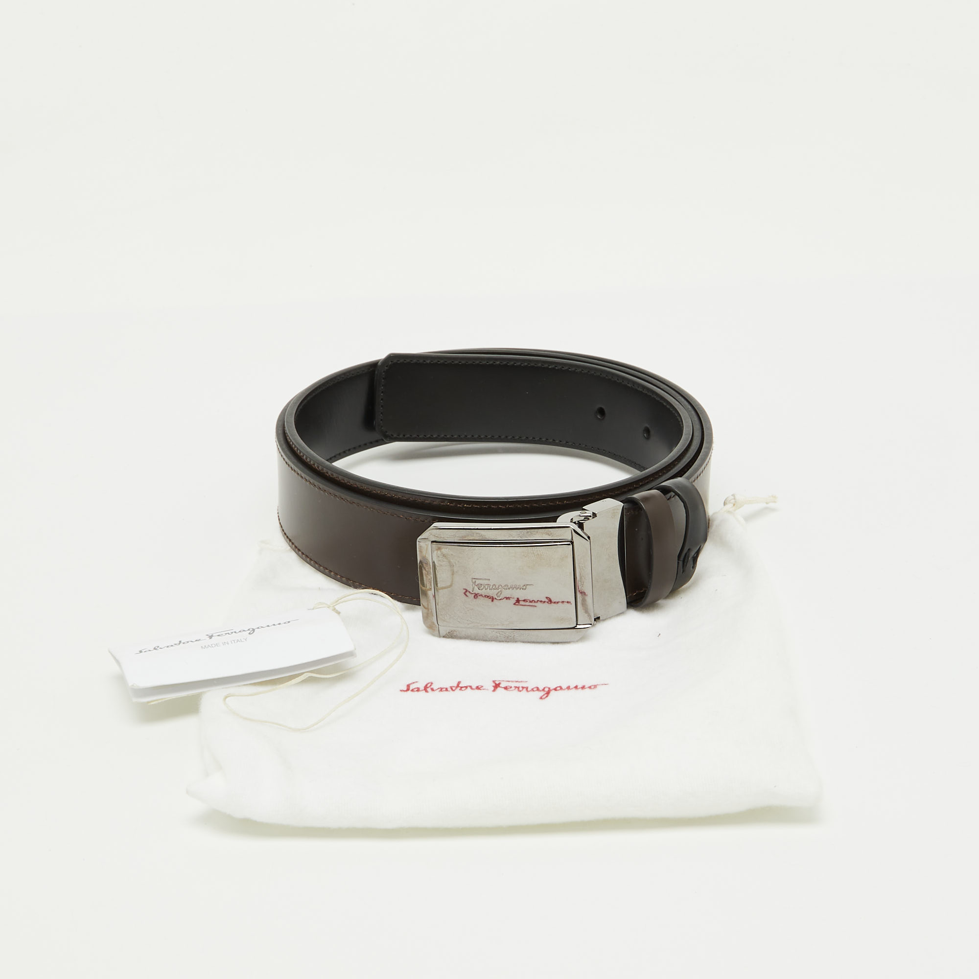 Salvatore Ferragamo Black/Brown Leather Cut to Size Buckle Belt 