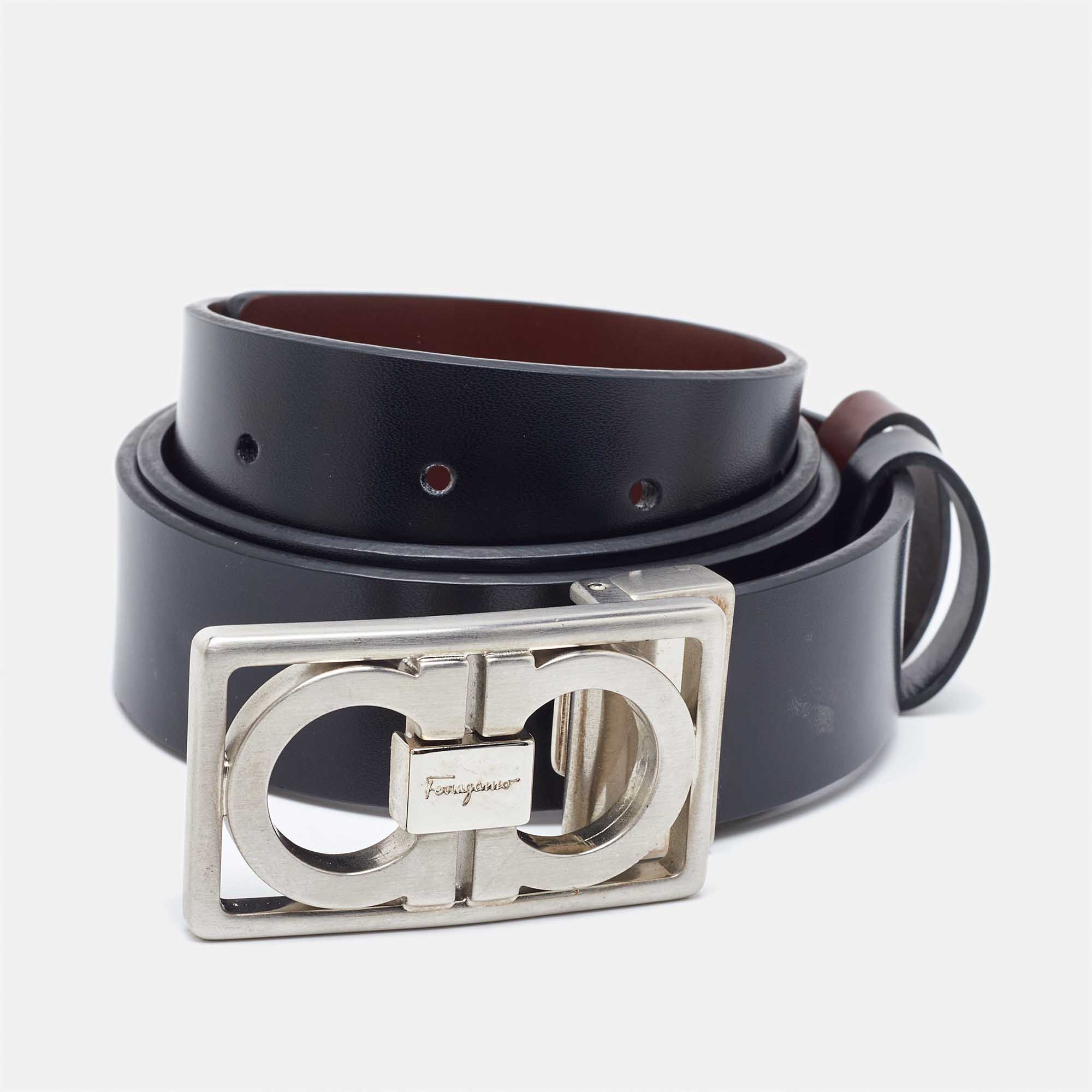 

Salvatore Ferragamo Black/Dark Brown Leather Gancini Cut to Size Reversible Belt