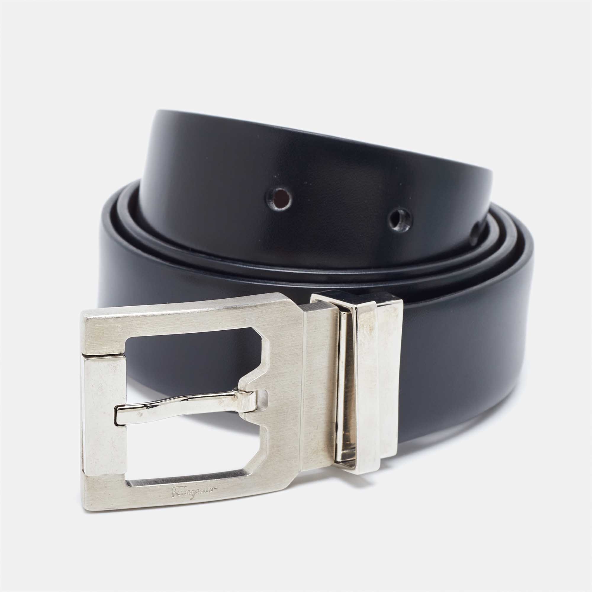 

Salvatore Ferragamo Black/Dark Brown Leather Cut to Size Reversible Buckle Belt