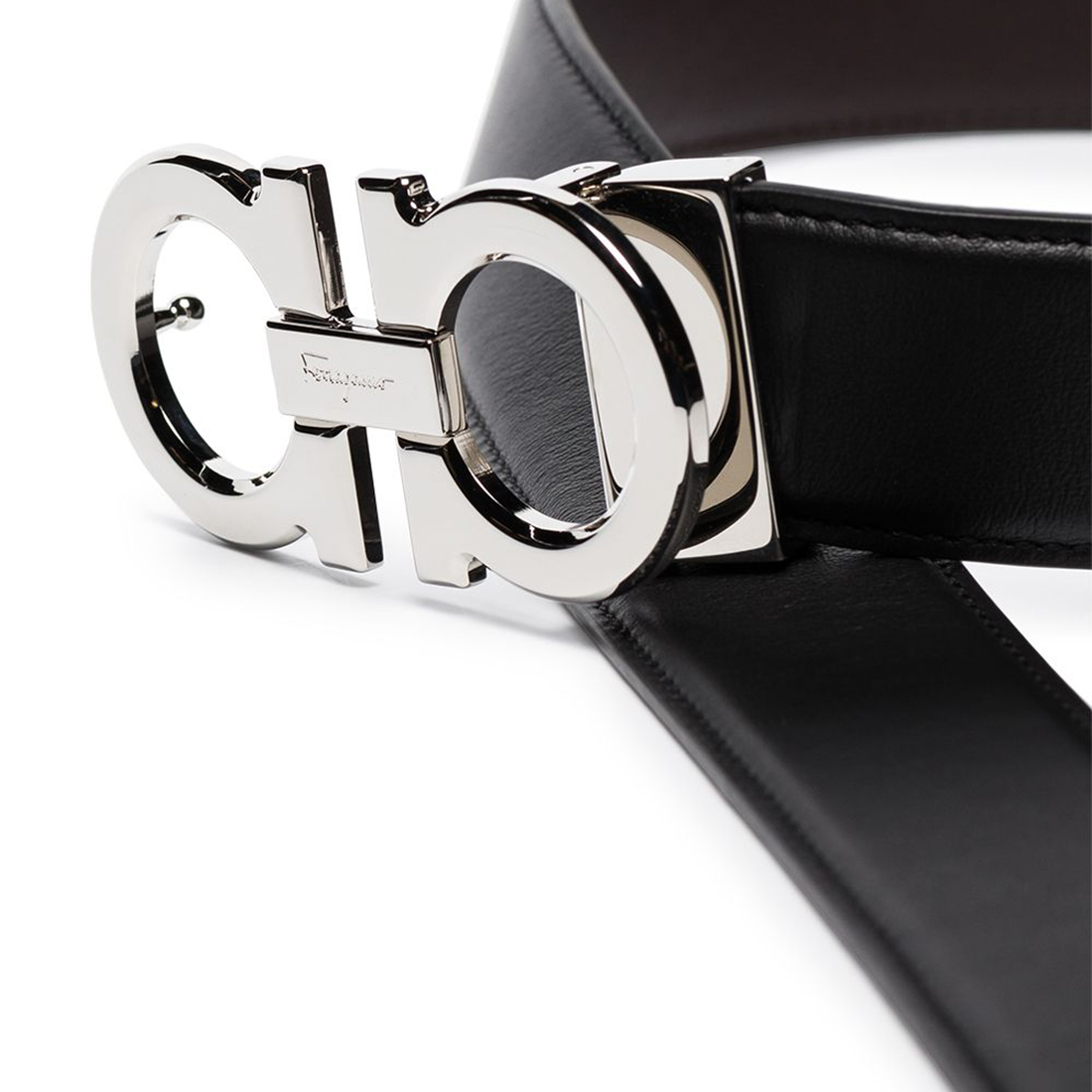 

Salvatore Ferragamo Black Leather Silver Tone Buckle Gancini Belt 115