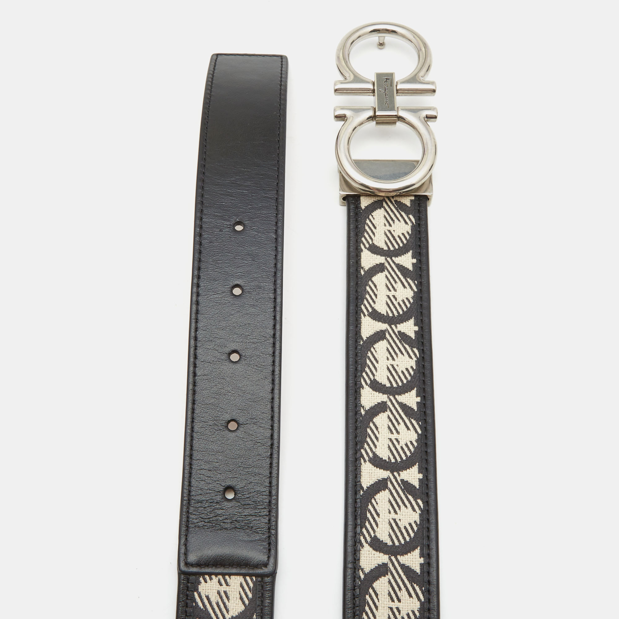 

Salvatore Ferregamo Black/White Monogram Canvas and Leather Double Gancio Belt