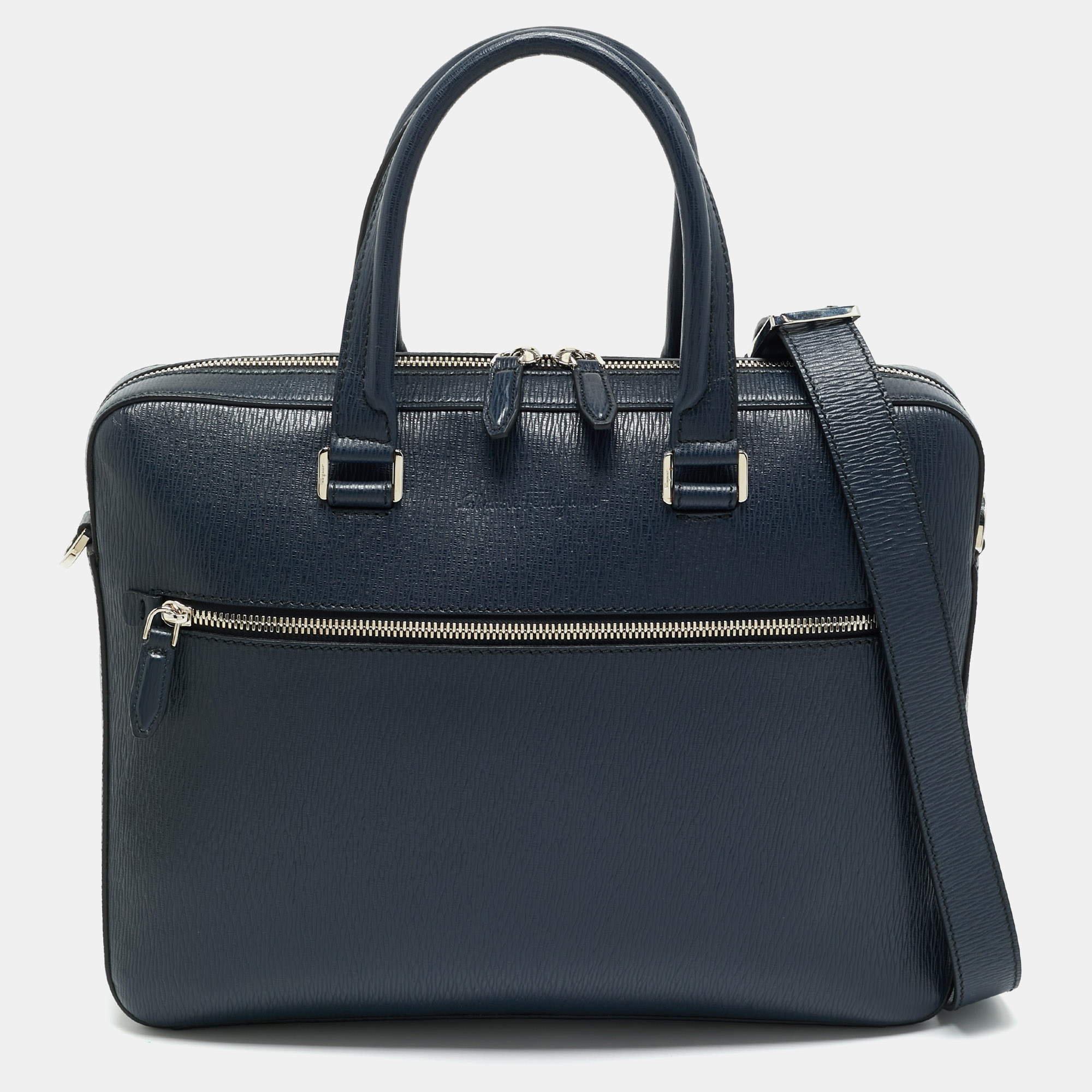 

Salvatore Ferragamo Navy Blue Leather Zip Briefcase Bag