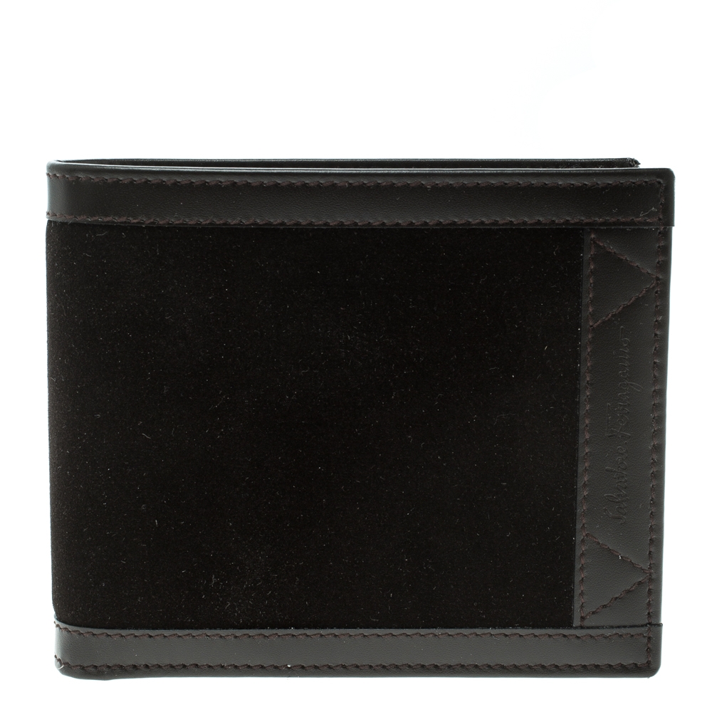 Pre Owned Salvatore Ferragamo Brown Leather and Suede Bifold Wallet