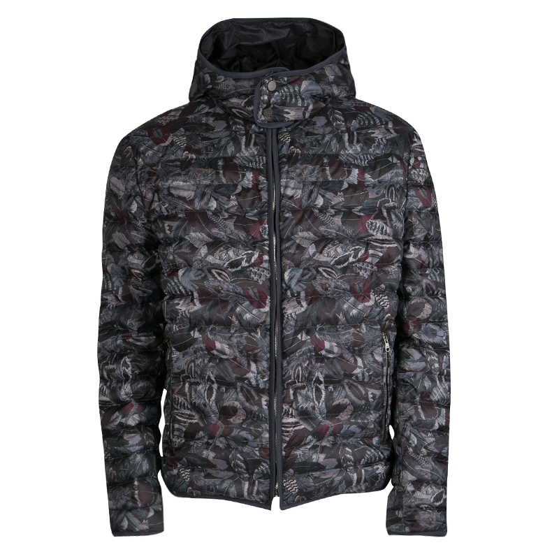Salvatore Ferragamo Feather Print Hooded Zip Front Quilted Down Jacket XL