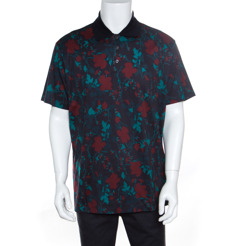 Pre Owned Salvatore Ferragamo Black Cherry Floral Printed Cotton Polo T-Shirt XXL