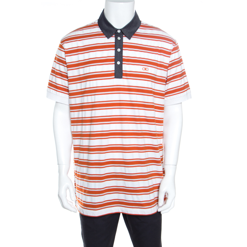 Pre Owned Salvatore Ferragamo Orange Striped Cotton Chambray Collar Detail Polo T-Shirt XXL