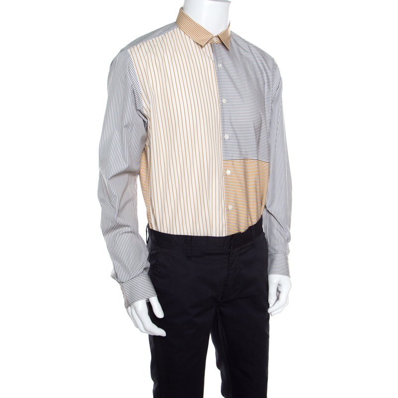 

Salvatore Ferragamo Grey and Mustard Multi Stripe Paneled Cotton Shirt, Multicolor