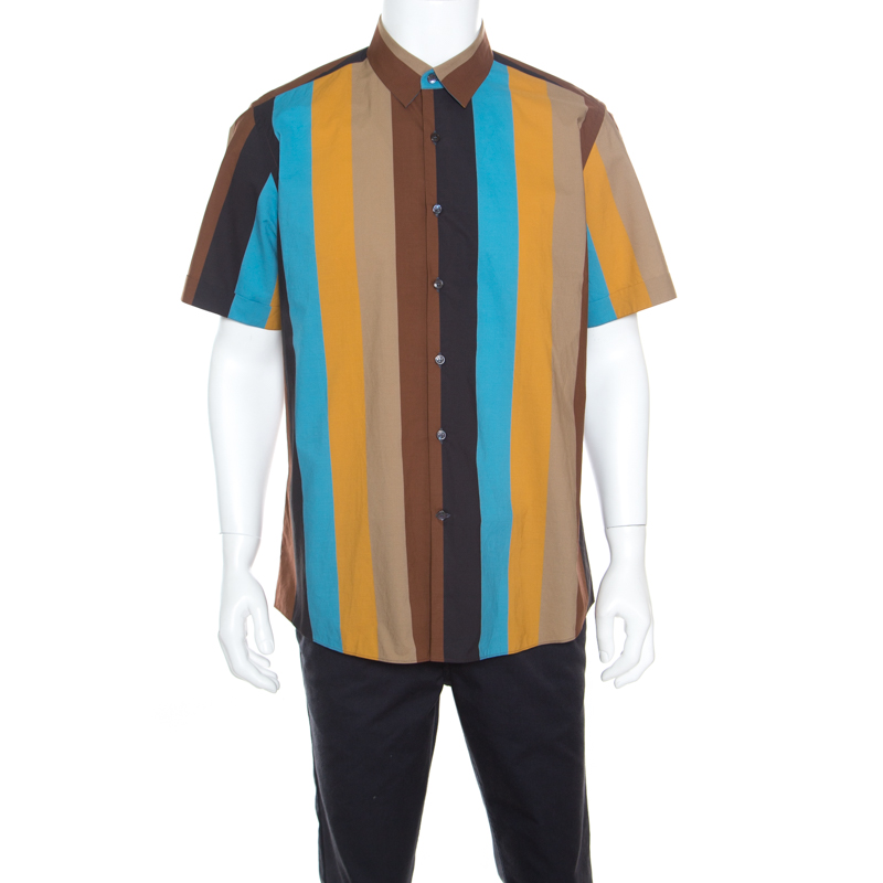 Pre Owned Salvatore Ferragamo Multicolor Wide Striped Cotton Short Sleeve Shirt XL