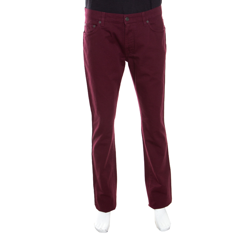 Pre Owned Salvatore Ferragamo Burgundy Washed Denim Straight Fit Jeans XL