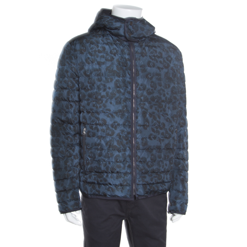 

Salvatore Ferragamo Blue Camo Print Hooded Zip Front Quilted Down Jacket