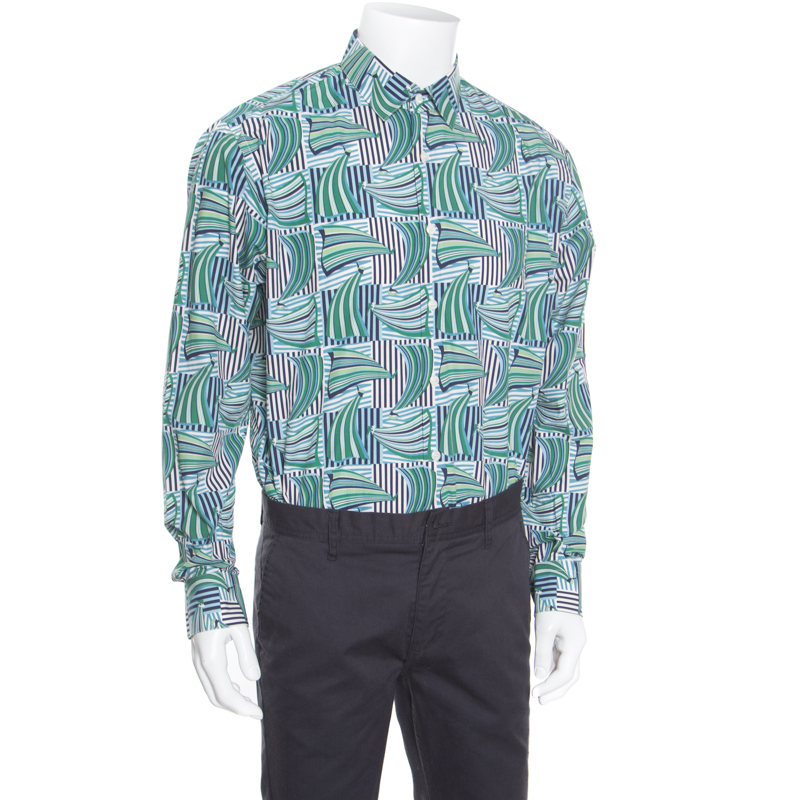 

Salvatore Ferragamo Blue and Green Sailboat Printed Cotton Long Sleeve Shirt