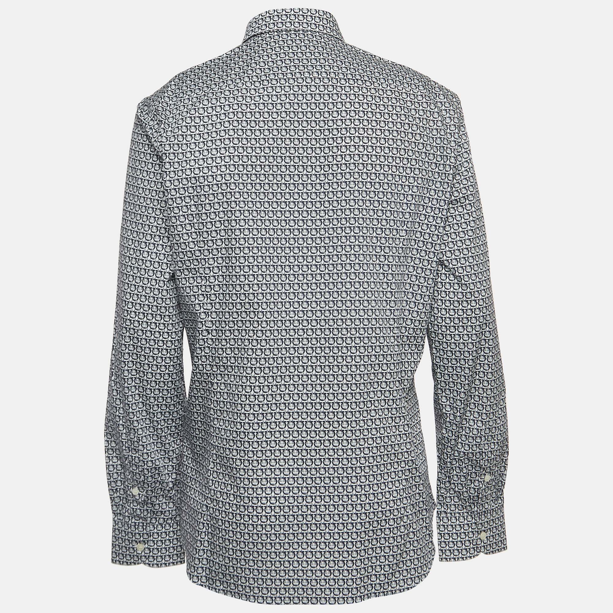 

Salvatore Ferragamo Navy Blue Gancini Print Cotton Long Sleeve Shirt