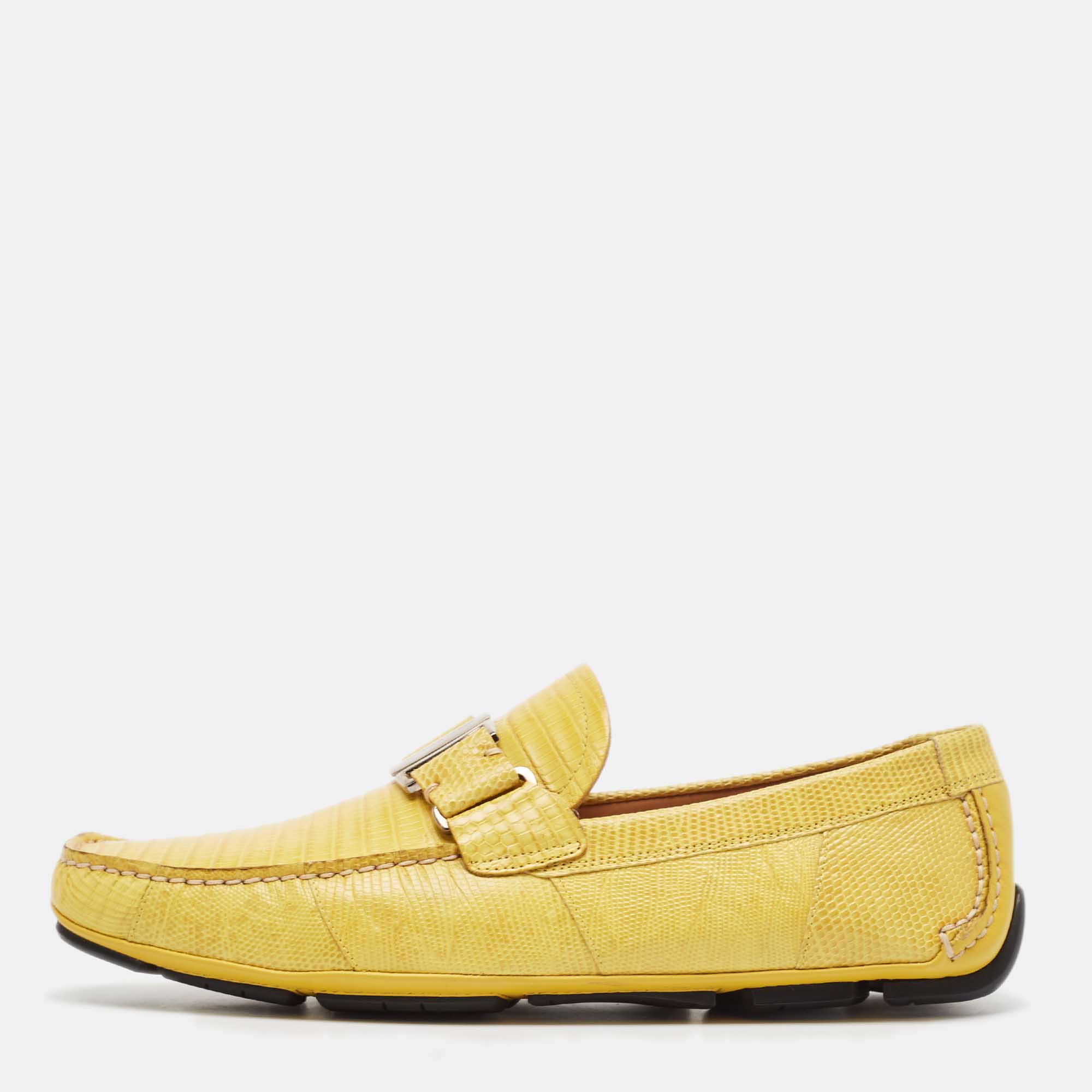 Pre-owned Ferragamo Yellow Lizard Leather Sardegna Loafers Size 41.5