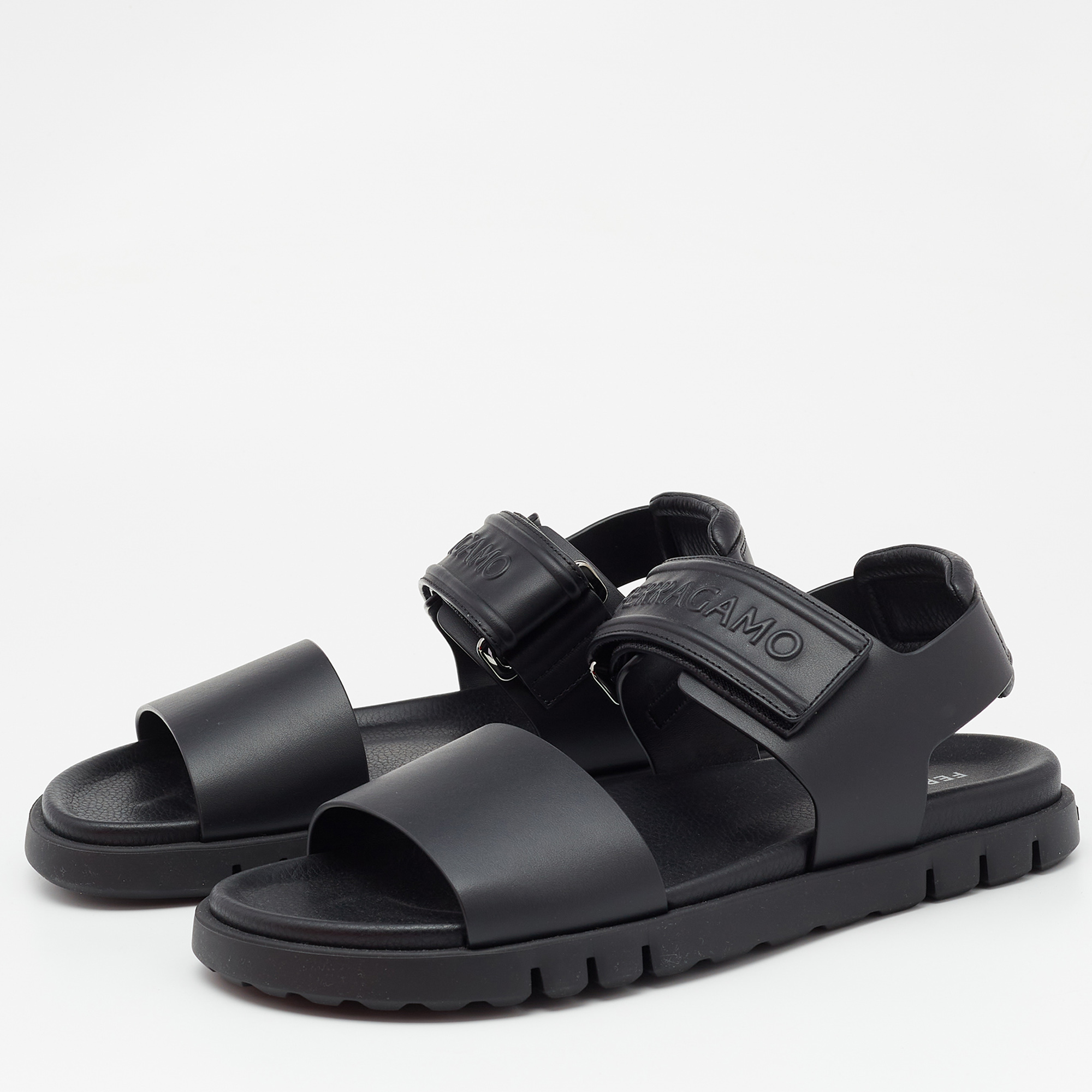Salvatore Ferragamo Black Leather Day Sandals Size 44 