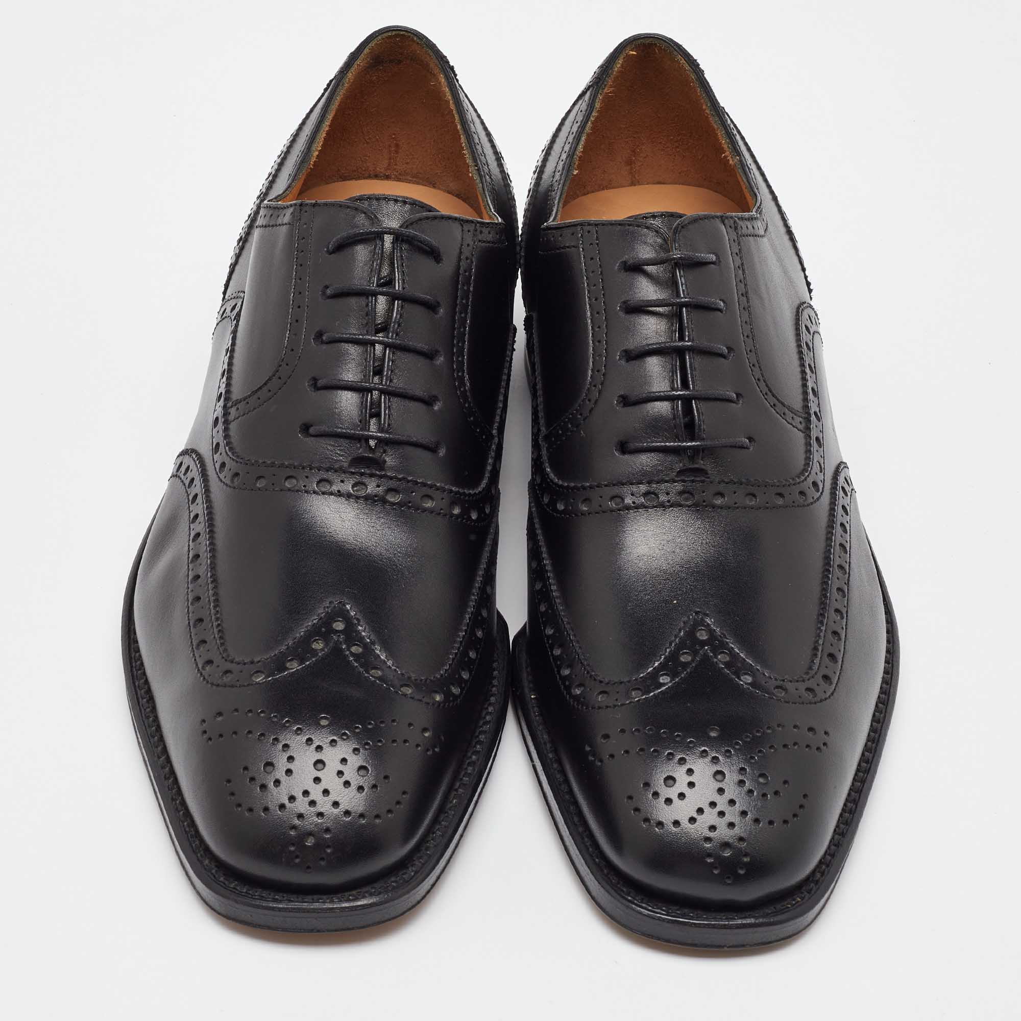 Salvatore Ferragamo Black Leather Brogue Wingtip Oxfords Size 41.5 