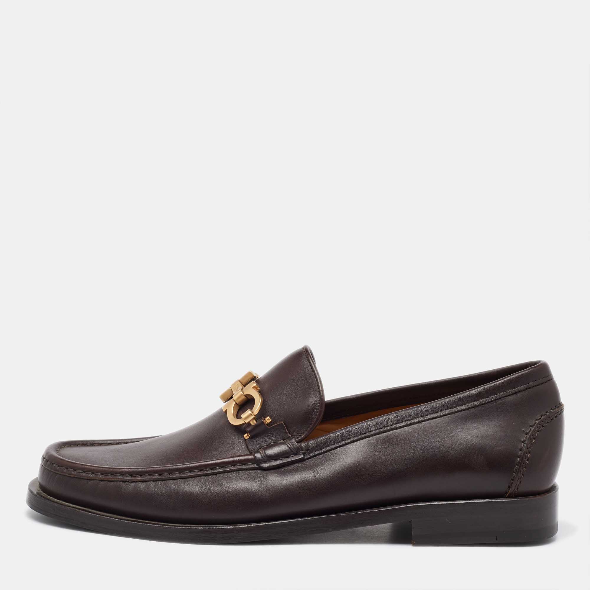 

Salvatore Ferragamo Dark Brown Leather Gancini Slip On Loafers Size 41.5