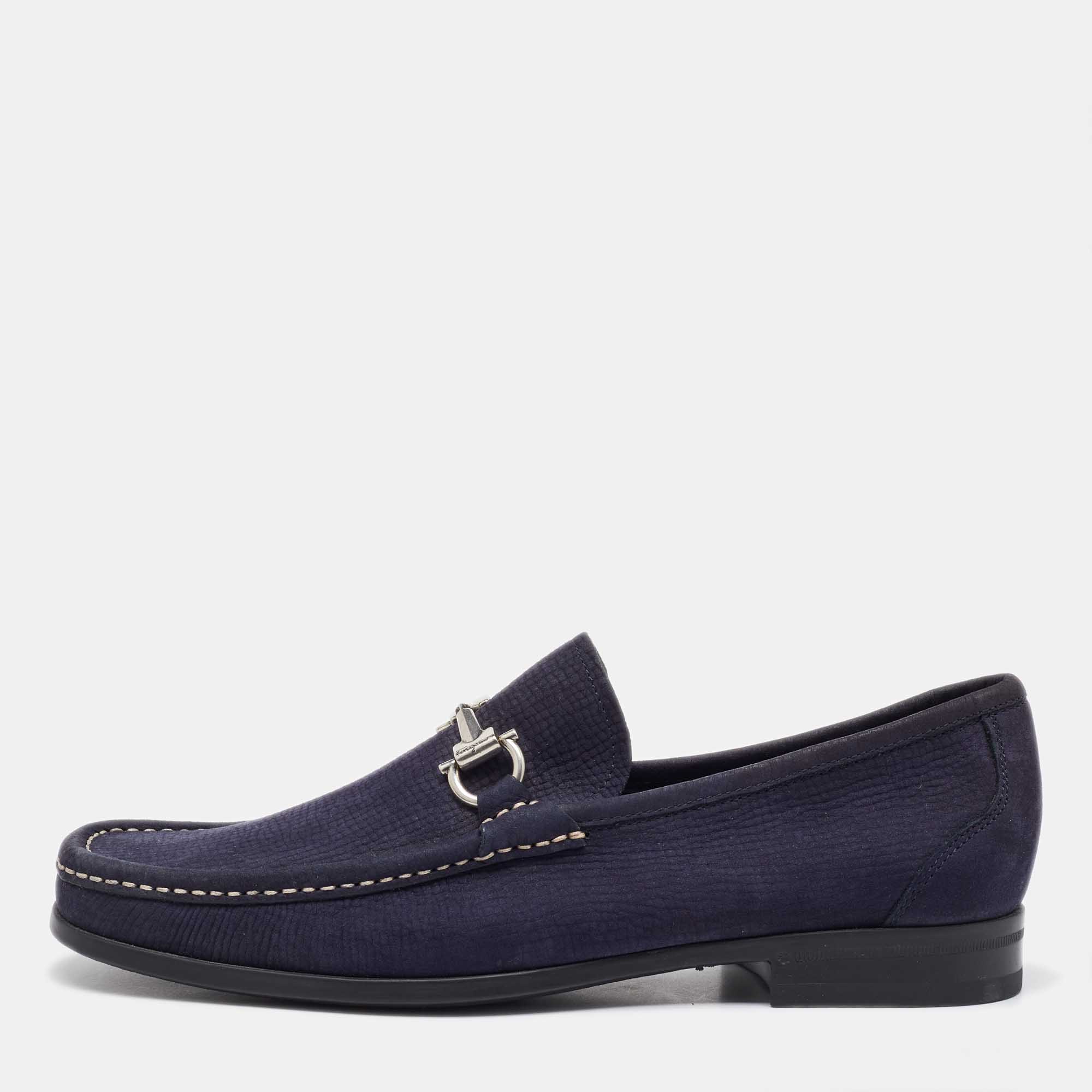 

Salvatore Ferragamo Navy Blue Nubuck Leather Gancini Loafers Size 41.5