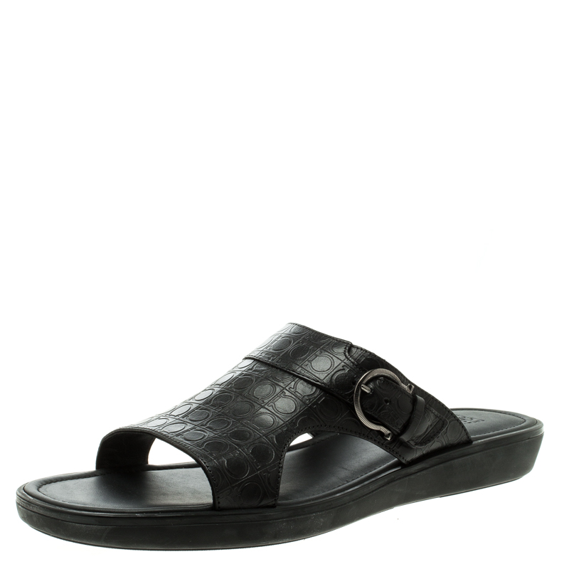 Pre Owned Salvatore Ferragamo Black Gancio Embossed Leather Raja Flat Sandals Size 43