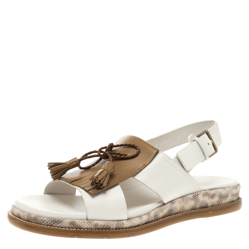 Salvatore Ferragamo Two Tone Leather Fringe Detail Bow Flat Sandals Size 42