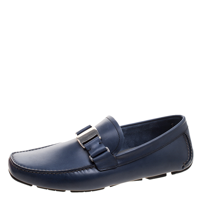 Salvatore Ferragamo Blue Leather Sardegna Loafers Size 43.5 Salvatore