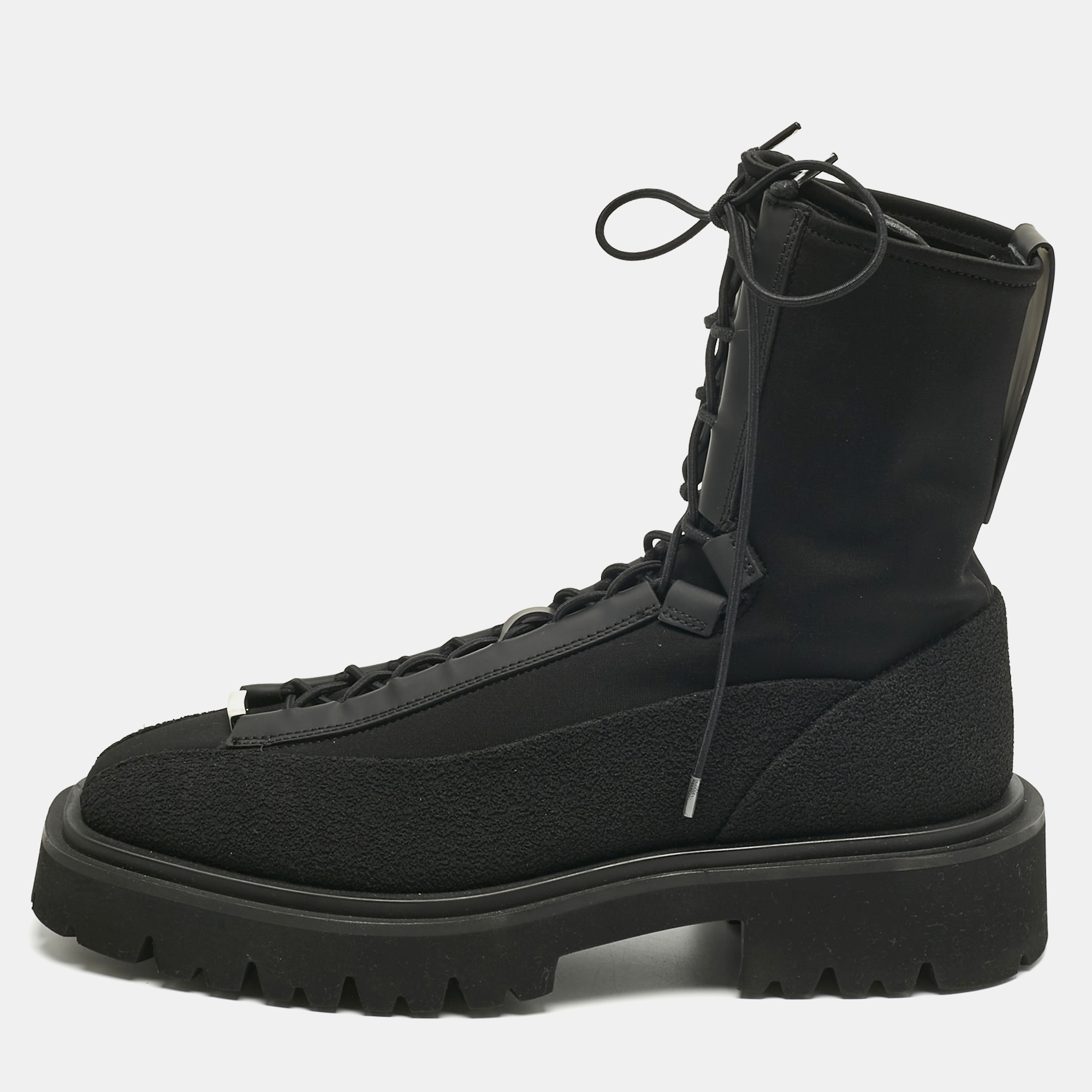 Pre-owned Ferragamo Black Stretch Fabric Atlante Combat Boots Size 42