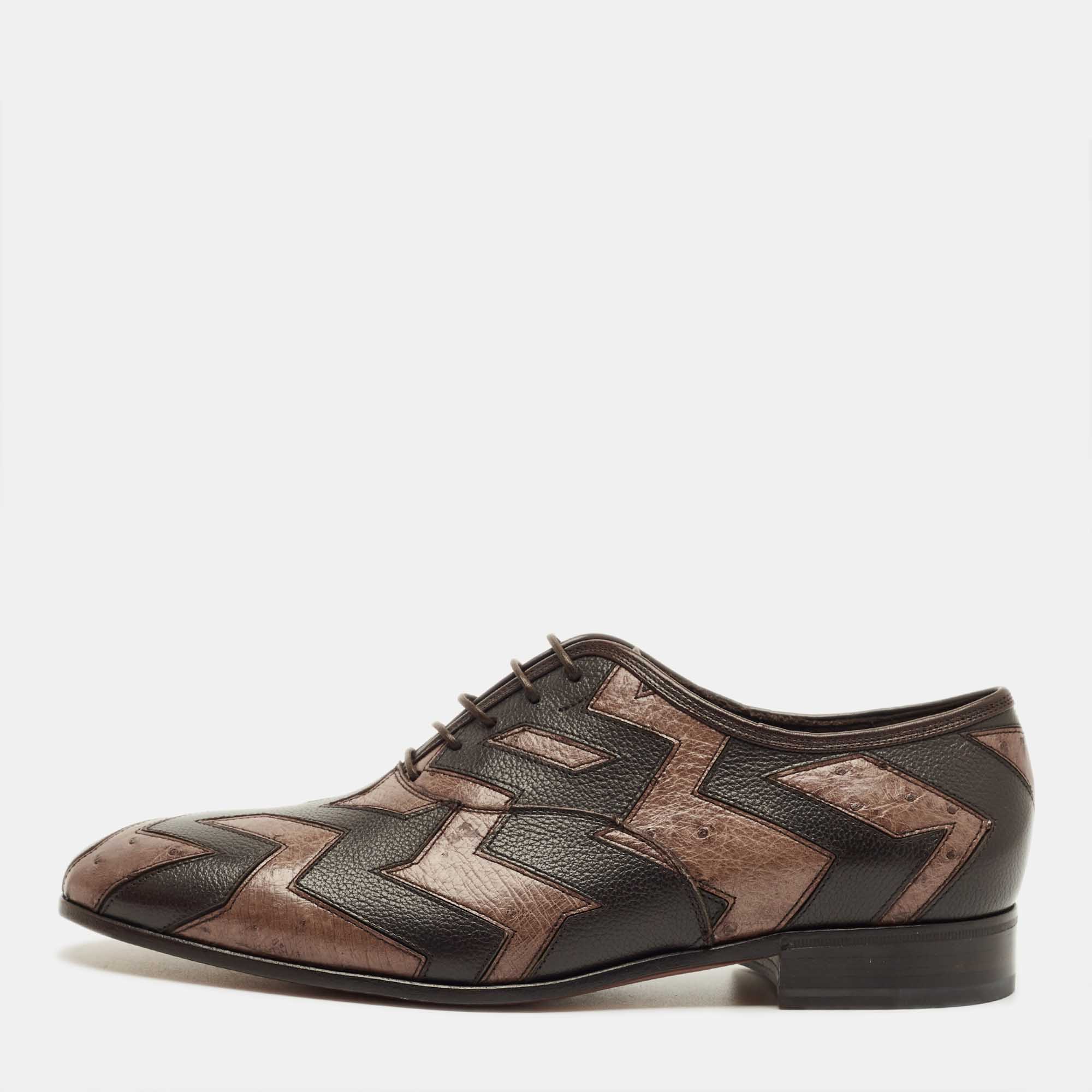 Pre-owned Ferragamo Brown Ostrich And Leather Gris Oxfords Size 41