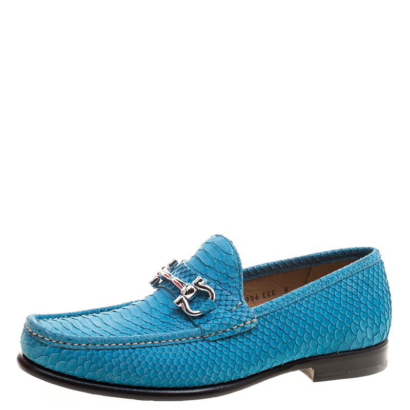 مملوكة مسبقًا حذاء لوفرز سالفاتوري فيراغامو ماسون جلد ثعبان أزرق مقاس 42