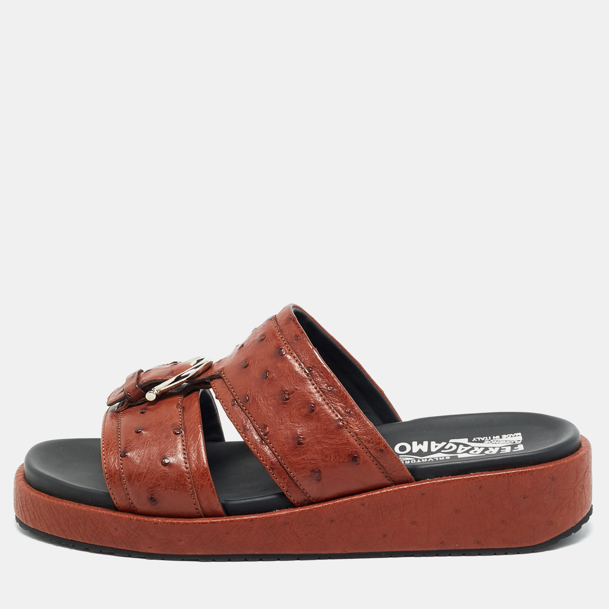 

Salvatore Ferragamo Lufti Size 41 Brown Ostrich Leather Flat Sandals