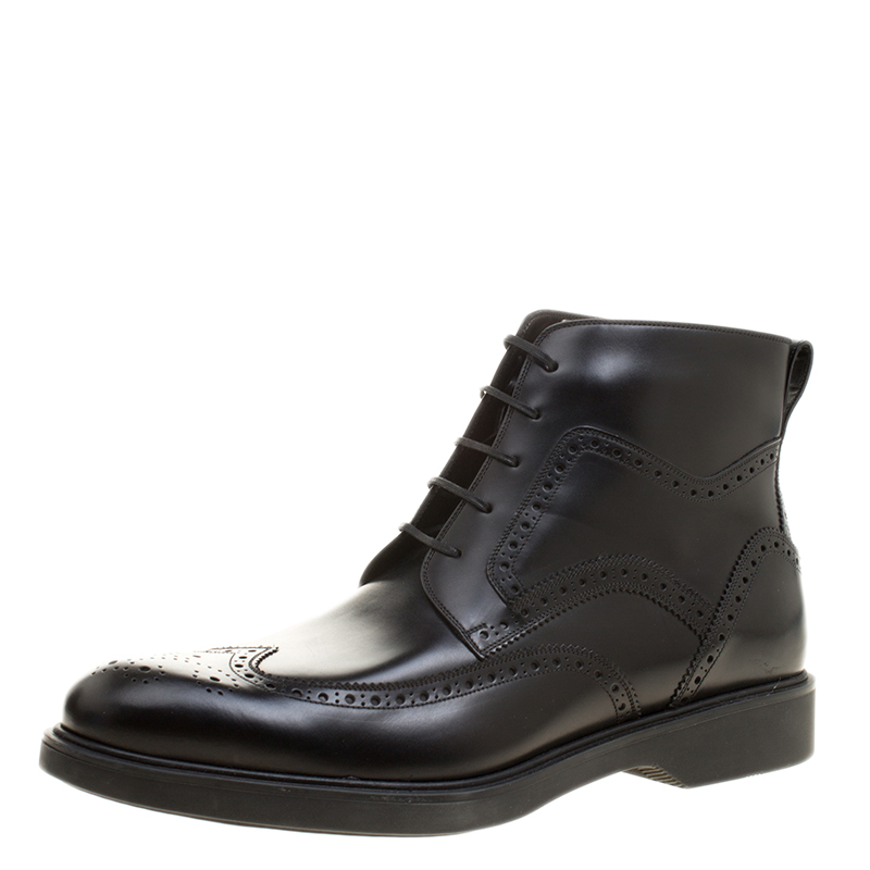 Pre Owned Salvatore Ferragamo Black Brogue Leather Gaiano Wing Tip Ankle Boots Size 45