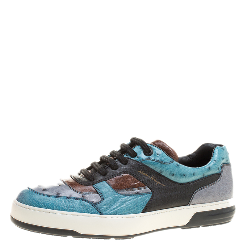 Pre Owned Salvatore Ferragamo Tricolor Ostrich Leather Marat Low Top Sneakers Size 43