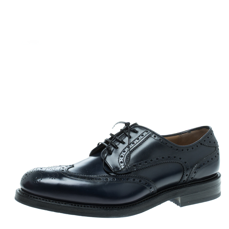 Pre Owned Salvatore Ferragamo Navy Blue Brogue Leather Gabriele Derby Size 42.5