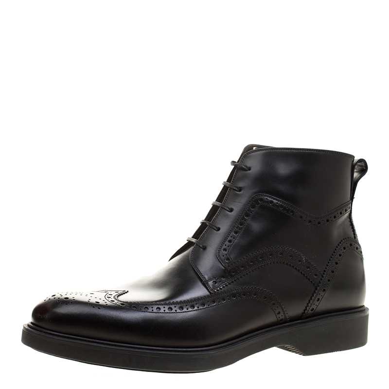 Salvatore Ferragamo Black Brogue Leather Gaiano Wing Tip Ankle Boots Size 43.5