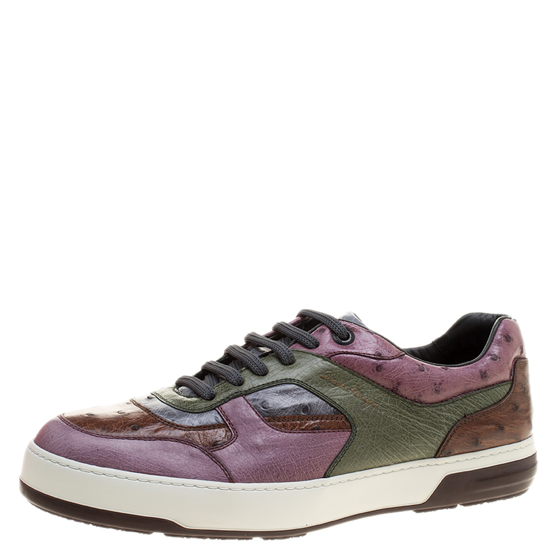 مملوكة مسبقًا حذاء رياضي سالفاتوري فيراغامو مارات جلد نعام ثلاثي اللون بعنق منخفض مقاس 43