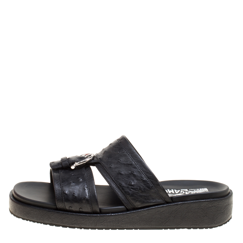 

Salvatore Ferragamo Black Ostrich Leather Flat Sandals Size