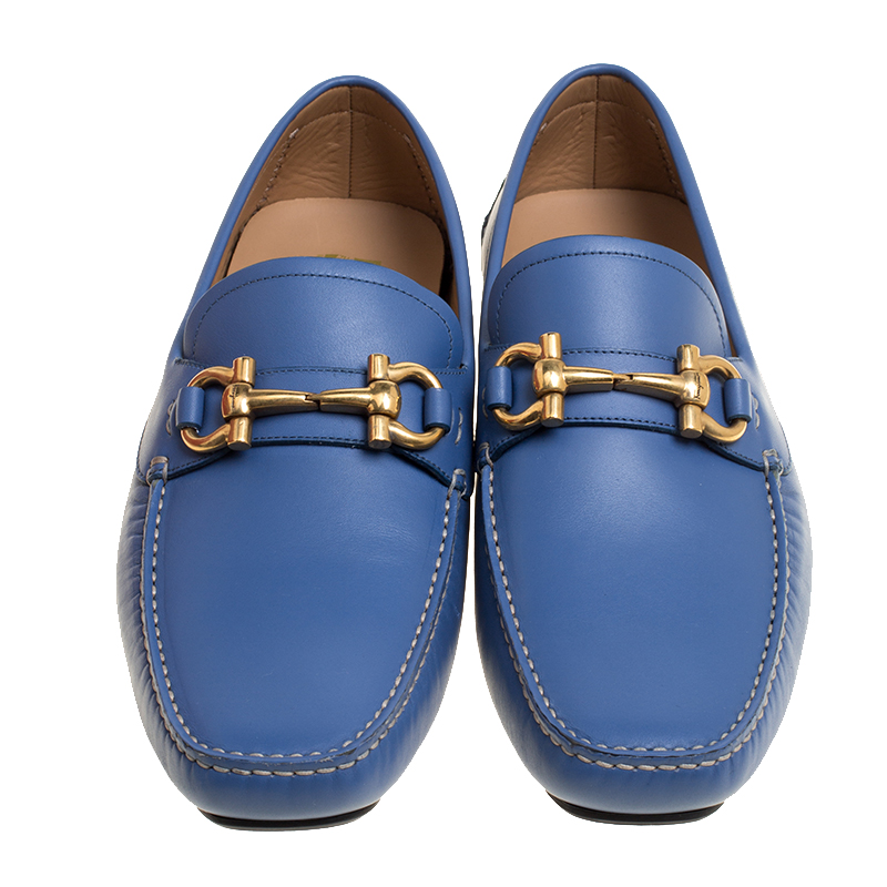 Salvatore Ferragamo Blue Leather Parigi Gancini Driver Loafers Size 44